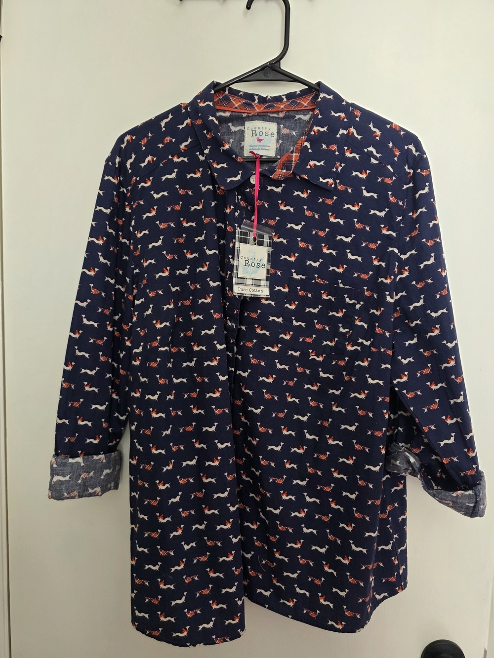 NWT Country Rose Women’s XL Navy Dachshund Dog Print 100% Cotton Button Shirt